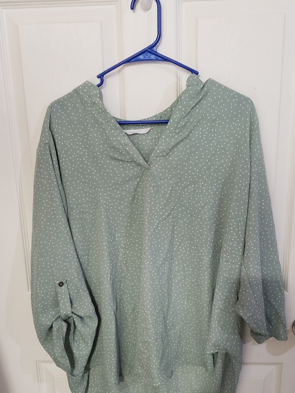 LUSH Soft Sage Polka Dot V-Neck Blouse - Women